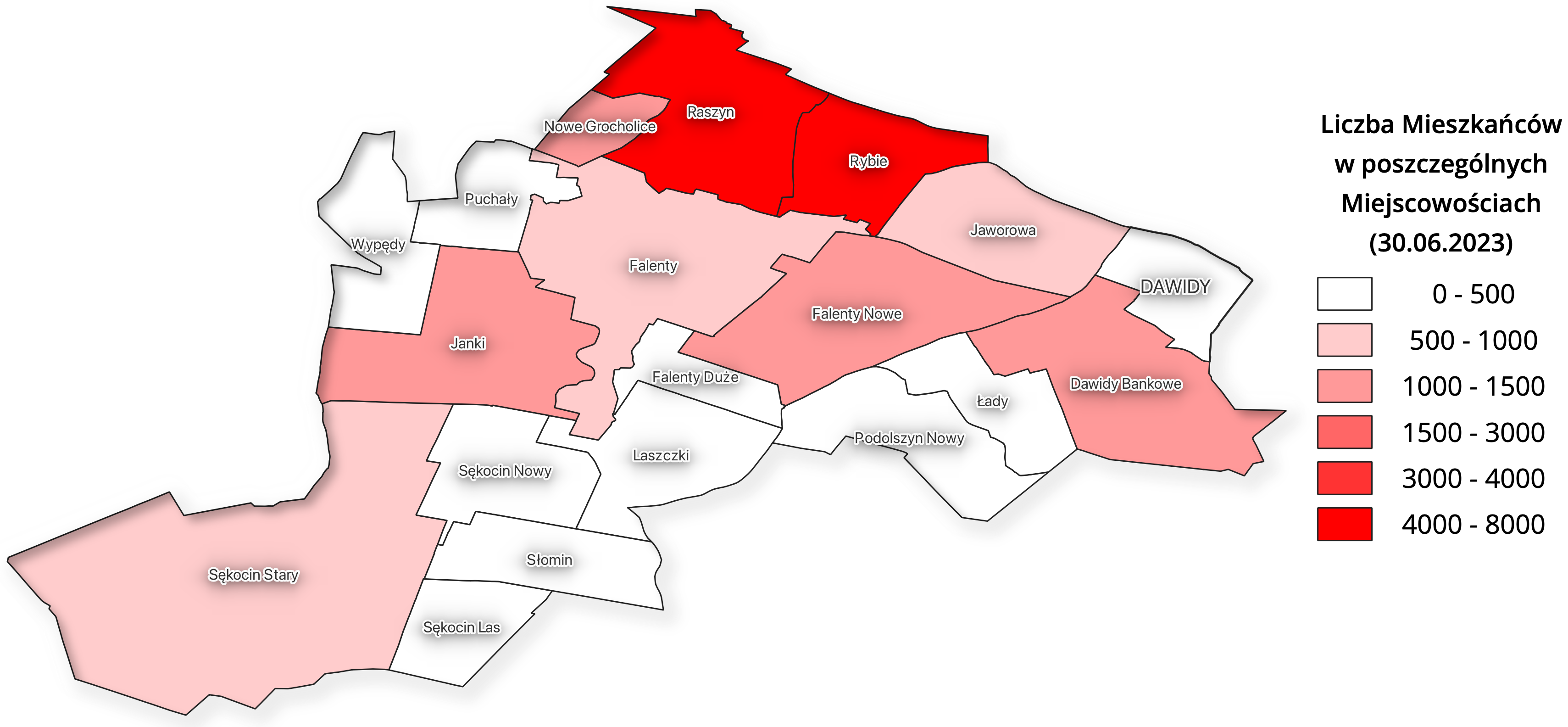 Mapa z podziałem na sołectwa i mieszkańców