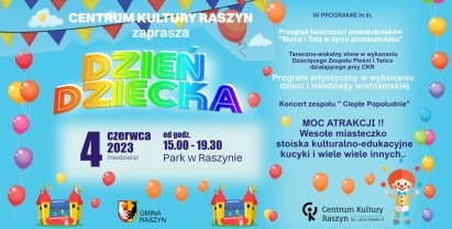 Plakat: Centrum Kultury Raszyn zaprasza na Piknik Rodzinny z okazji Dnia Dziecka!